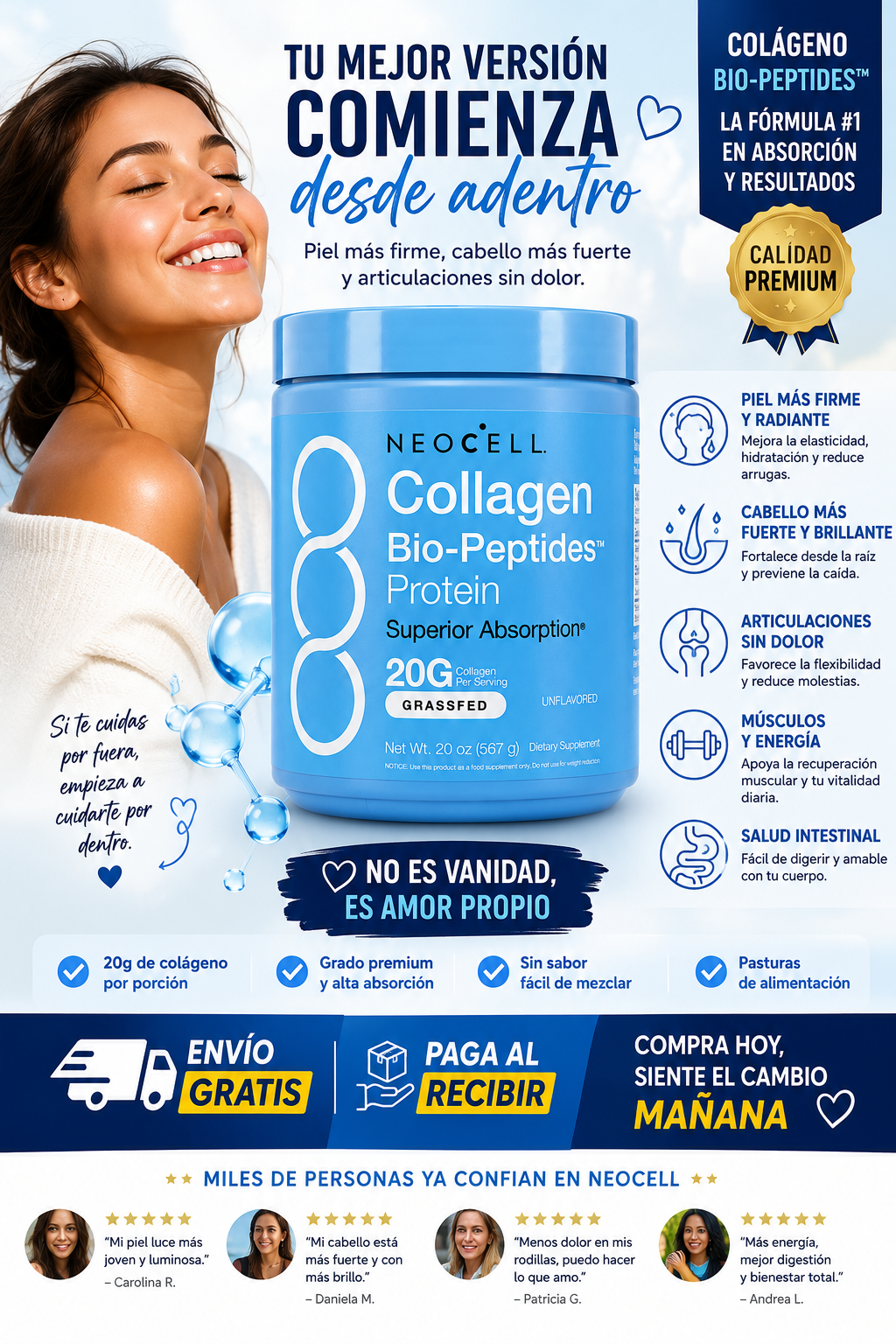 NeoCell™ Colágeno + Proteína Bio-Péptidos 567g - ¡Piel más firme, cabello más fuerte y articulaciones sin dolor!